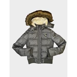 American Eagle Silver Goose Down Puffer Jacket Faux Fur Hood Medium Late Y2K
